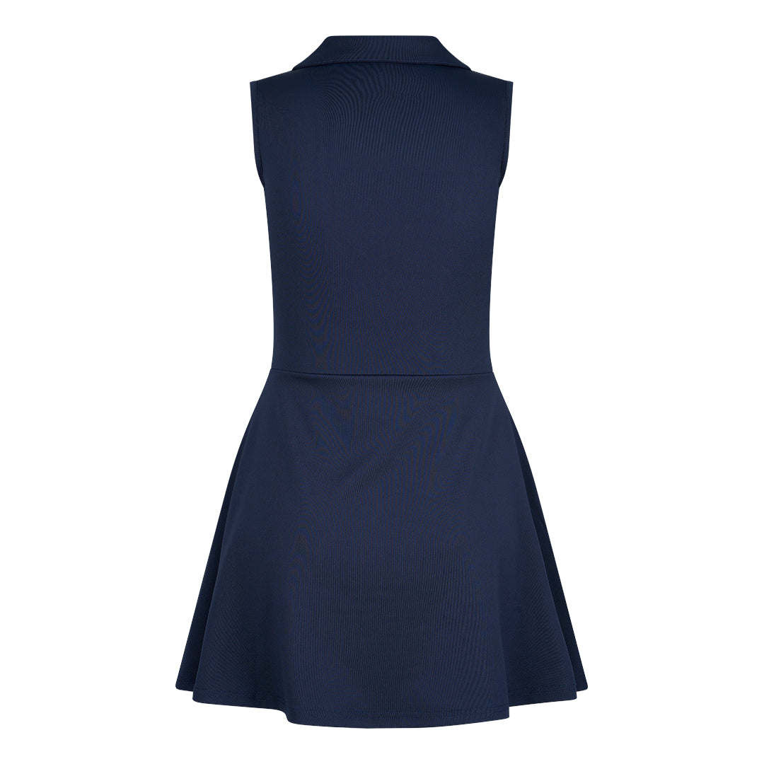 Blauwe tennisjurk met zakken en los short in het wit.